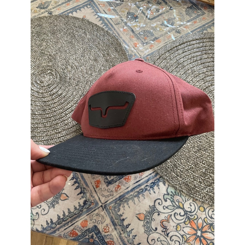 Kimes Ranch Mens Snapback Hat Maroon Black Leather Patch Logo Cotton Cap - Picture 5 of 5
